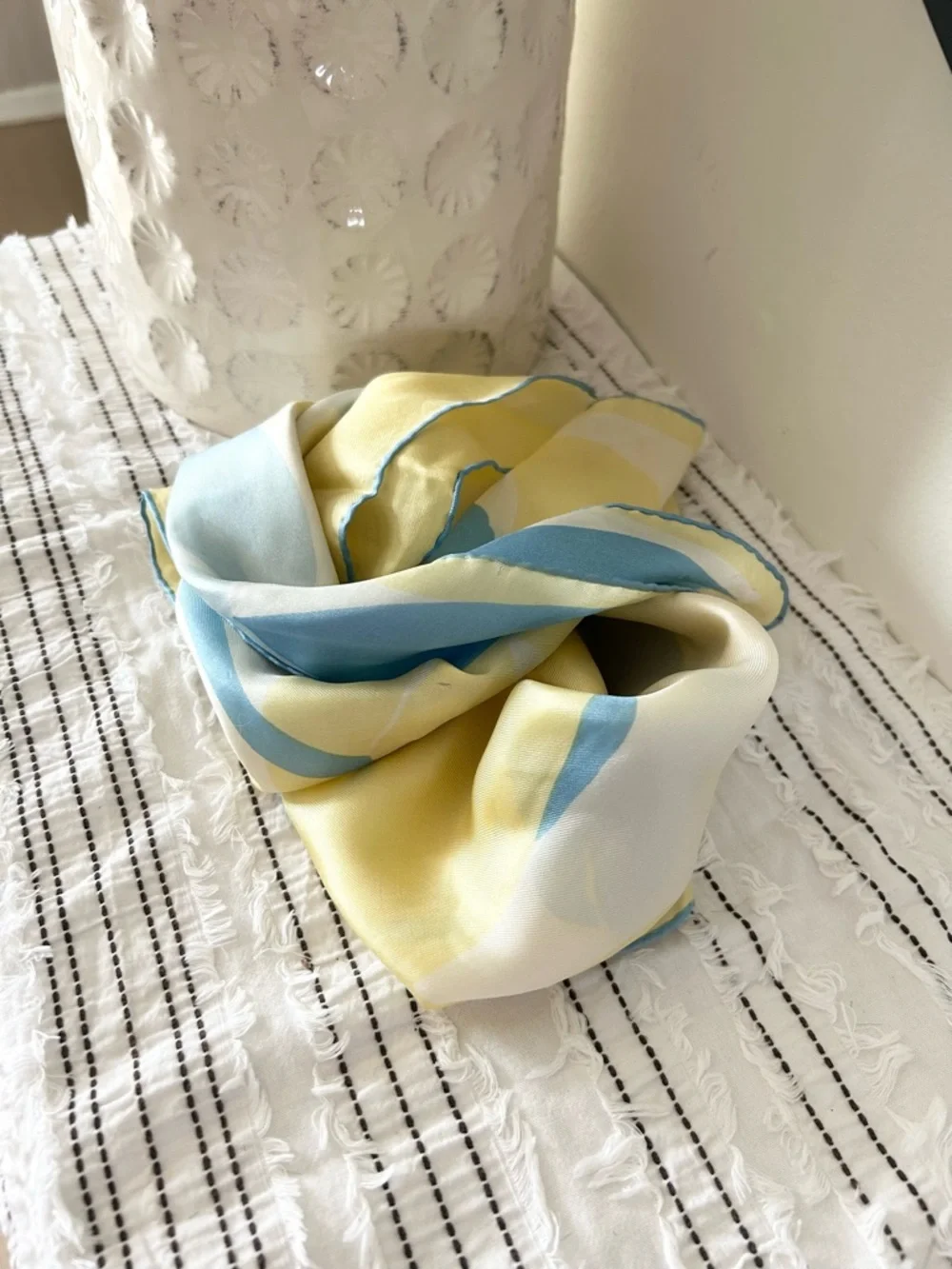 Vintage Pastel Blue and Yellow Silk Scarf *flawed*